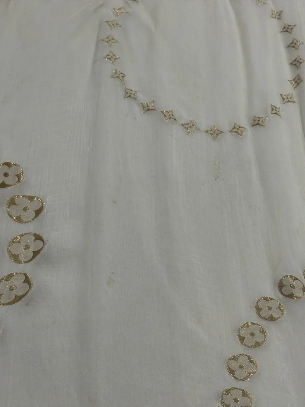 LOUIS VUITTON LV Monogram Ivory Gold Shiny Silk Scarf Shawl Wrap Stole 185 70’